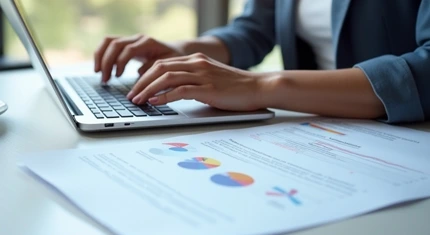 Professionnelle travaillant sur ordinateur portable avec rapports financiers et graphiques colorés